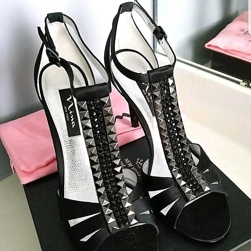 NINA 8.5M Black Satin Rhinestone Open Toe Heels